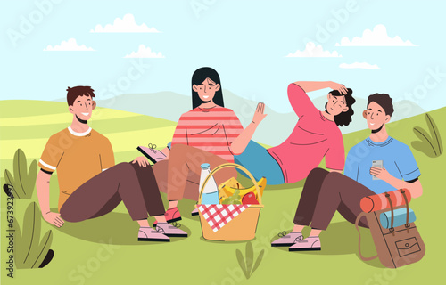 People resting outdoor concept. Men and women with basket of food at picnic. Active lifestyle and leisure at spring and summer season. Fruits and cheese. Cartoon flat vector illustration