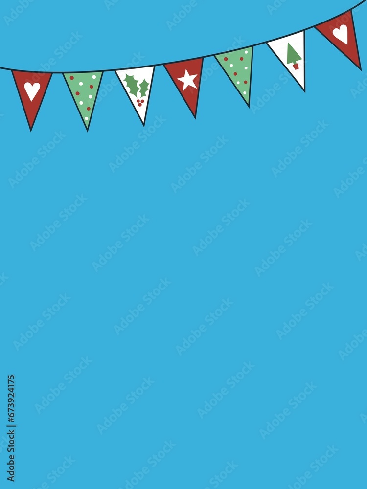 Fototapeta premium Christmas bunting decorated with holly leaf, star and heart motifs in festive colours. This modern illustration is in a cartoon style. Trendy home decor.