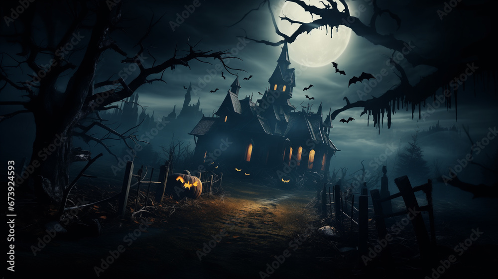An old house with lit up windows at night, in the style of misty gothic, dark and spooky themes