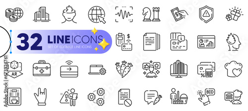 Outline set of Carrots, First aid and Gift line icons for web with Pos terminal, Buildings, Gears thin icon. Social media, Voice wave, Internet pictogram icon. Pay money, Enterprise. Vector