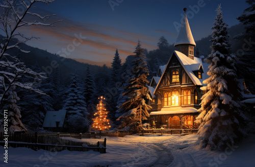 christmas background, christmas landscape, house on the edge of the forest