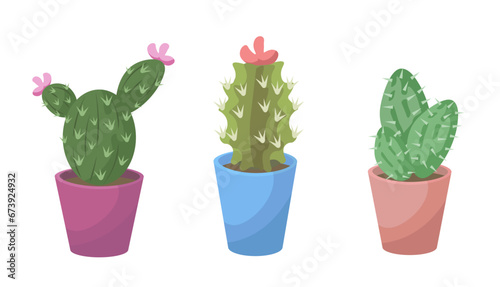 Set of cacti in pots. Decorative plants in flowerpots. Comfort and coziness. Gardening and horticulture. Tropical and exotic plants. Cartoon flat vector collection isolated on white background