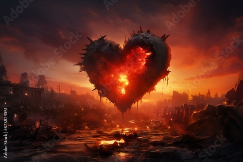 Burning heart amidst a warzone, displayed as a 4k desktop background. Generative AI