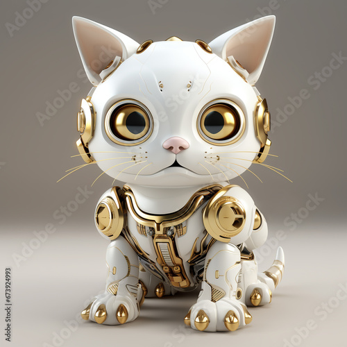 3d robot cat white with gold on a neutral background