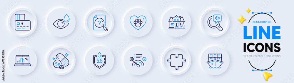Selenium mineral, Medical analyzes and Home moving line icons for web app. Pack of Puzzle, Pets care, Search document pictogram icons. Shipment, Ph neutral, No internet signs. Card. Vector Selenium mineral, Medical analyzes and Home moving line icons for web app. Pack of Puzzle, Pets care, Search document pictogram icons. Shipment, Ph neutral, No internet signs. Card. Vector