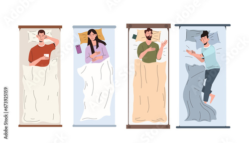 Sleeping people top view set. Men and women at beds. Rest and relax, dream. Young guy and girl at bed with blanket and pillow. Cartoon flat vector collection isolated on white background