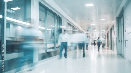 Modern hospital corridor and people with long exposure effect, blurred