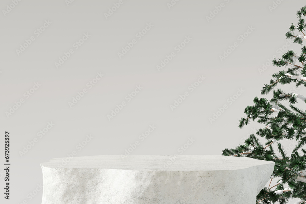 White stone product display podium with pine tree. Christmas concept. 3D rendering - obrazy, fototapety, plakaty 