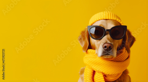 Fashionable dog wearing sunglasses and a yellow scarf. photo