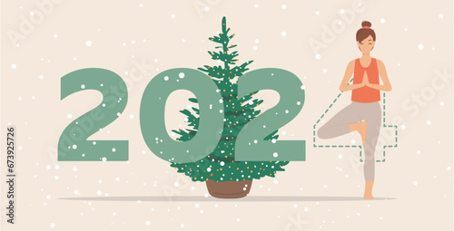 Happy new year card 2024. Young girl doing yoga pose in front of the Christmas tree. Woman practicing yoga as a part of the number 2024 sign. Vector banner or illustration