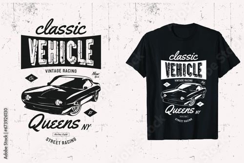 Classic car vehicle t-shirt design vector. vintage car New York City legend. queens custom car t shirt. black and white print template.