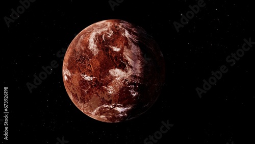 Red rocky desert Mars like planet. Thin atmosphere and clouds. 3D illustration concept of terran world. Barren and dry conditions. Earth ecosystem in extreme climate change drought oceans apocalypse.