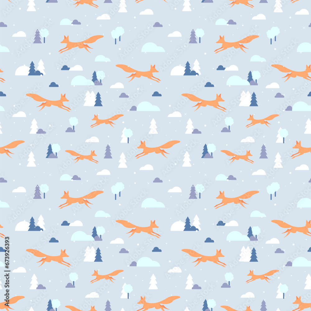 Winter seamless pattern with running fox. Silhouette Orange fox and threes. Vector illustration. Simple Background For kids fabric, wrapping, textile, wallpaper, apparel.