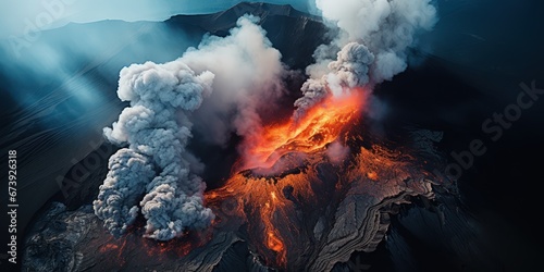 Aerial top view of a massive volcano eruption. A large volcano erupting hot lava and gases into the atmosphere.