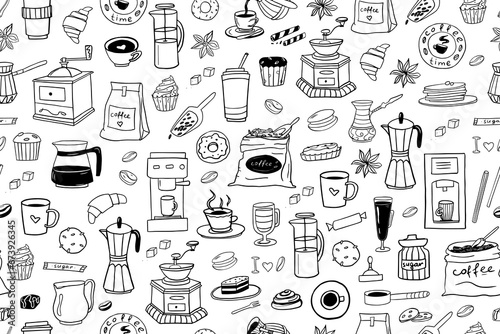 Seamless pattern of hand drawn coffee theme elements in doodle style. Coffee time. 
Coffee machine. Candy. Vector illustration EPS10. Isolated on white background