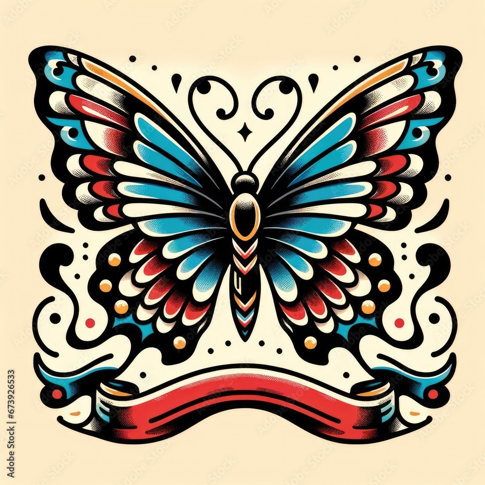 Naklejka premium Old School Butterfly Tattoo Illustration - Timeless Body Art Design