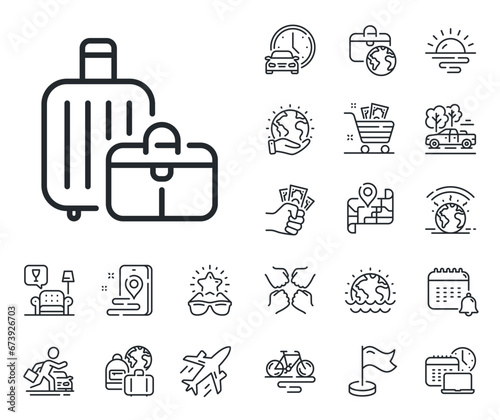 Travel luggage sign. Plane jet, travel map and baggage claim outline icons. Baggage line icon. Journey bag claim symbol. Baggage line sign. Car rental, taxi transport icon. Place location. Vector