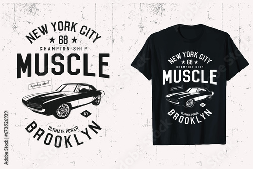 New York City muscle classic car t-shirt design. american vintage car vector t shirt graphic. black and white background print.