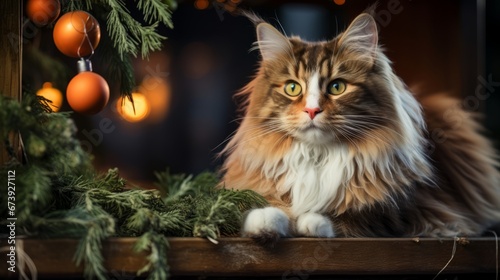 Maine Coon cat. Happy New Year portrait in Christmas tree branches and garlands. Maine Coon. Horizontal banking poster background for ad. Photo AI Generated