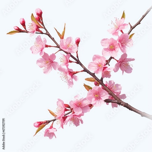 Sakura flowers  a branch of wild Himalayan cherry blossom pink flowers with young leaves budding on tree twig  Generative AI