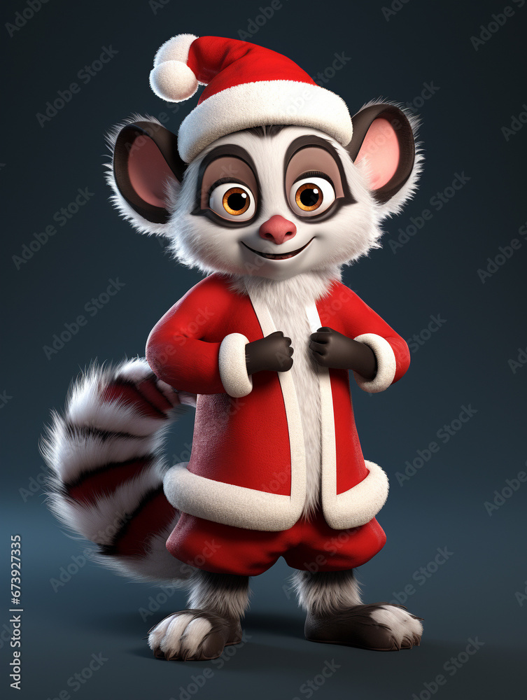 A 3D Cartoon Lemur Dressed Up as Santa Claus