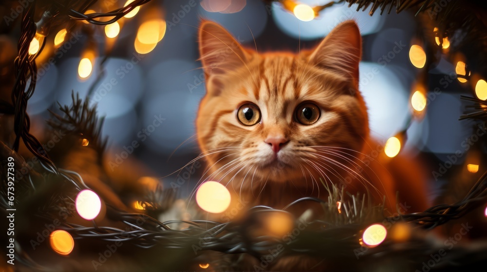 Minsk cat portrait in Christmas tree branches and garlands, Happy New Year. Minsk. Horizontal banking background for web. Photo AI Generated