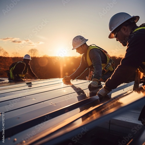 Roofer working on roof structure of building on construction site