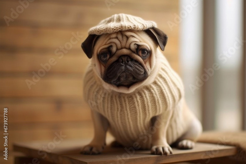 cute dog wearing white sweater and hat photo