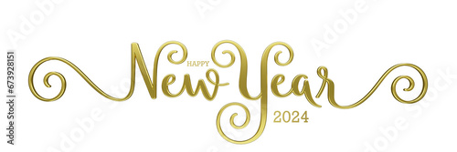 3D render of HAPPY NEW YEAR 2004 metallic gold brush calligraphy banner on transparent background