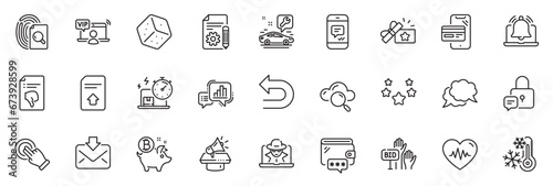 Icons pack as Freezing, Thumb down and Delivery online line icons for app include Bitcoin coin, Car service, Stars outline thin icon web set. Loyalty gift, Dice, Documentation pictogram. Vector