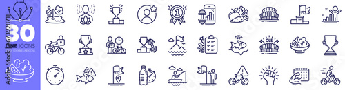 Boat fishing, Bike courier and Fish line icons pack. Fishing place, Dumbbell, Sports stadium web icon. Empower, Salad, Reward pictogram. Mountain flag, Fitness calendar, Yoga balance. Vector