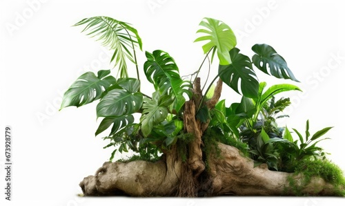 Jungle tree trunk with climbing Monstera (Monstera deliciosa), bird’s nest fern, philodendron and forest orchid green leaves tropical foliage plants isolated on white  with clipping, Generative AI photo