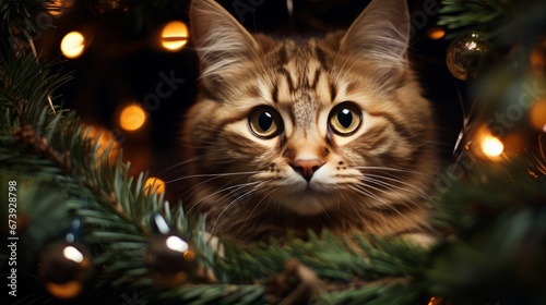 Shauzi cat portrait in Christmas tree branches and garlands, Happy New Year. Shauzi. Horizontal banking background for web. Photo AI Generated