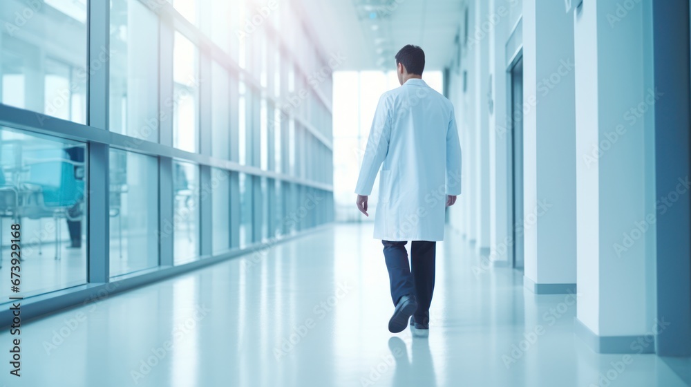 Male Doctor walking at hospital corridor Male Doctor walking at hospital corridor