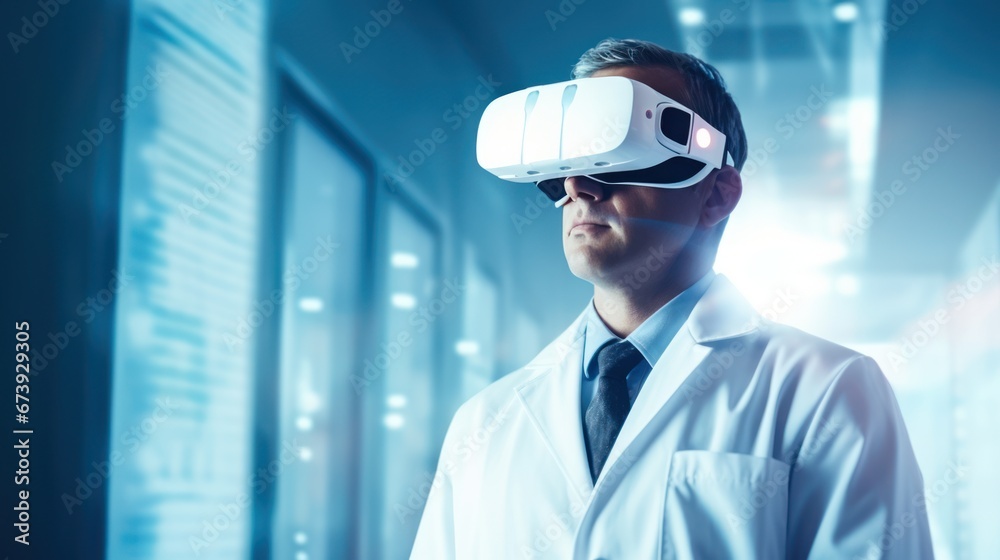 Male doctor wearing virtual reality in hospital laboratory, Innovative and digital technology Male doctor wearing virtual reality in hospital laboratory, Innovative and digital technology