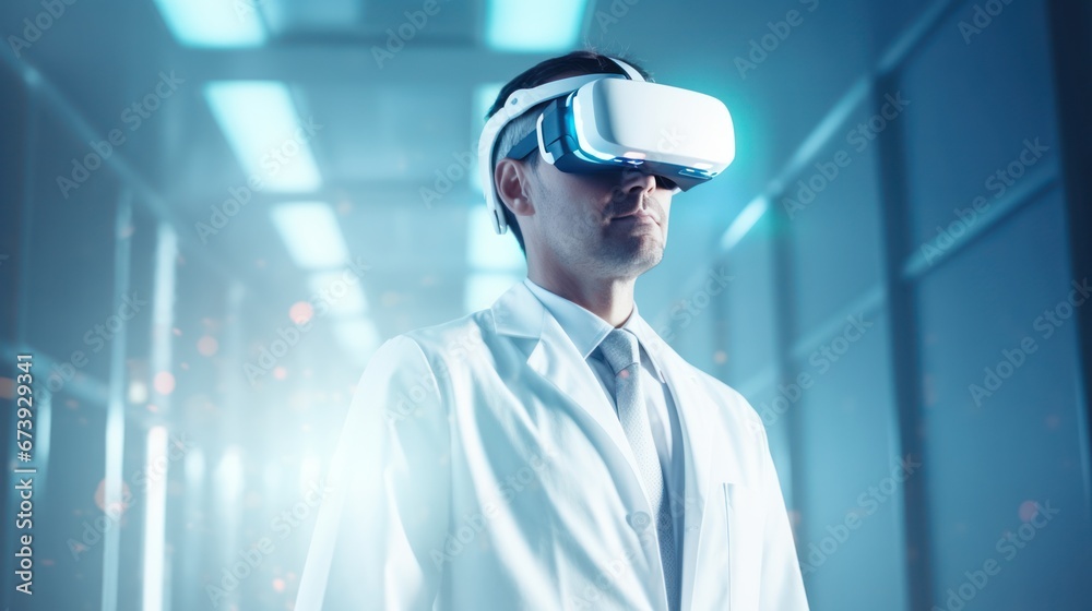 Male doctor wearing virtual reality in hospital laboratory, Innovative and digital technology Male doctor wearing virtual reality in hospital laboratory, Innovative and digital technology