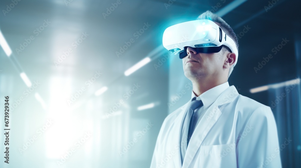 Male doctor wearing virtual reality in hospital laboratory, Innovative and digital technology Male doctor wearing virtual reality in hospital laboratory, Innovative and digital technology