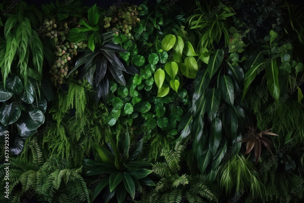 Vertical garden nature backdrop, living green wall indoors garden with various tropical rainforest foliage plants (devil's ivy, ferns, philodendron, peperomia, and inch plant) on dark, Generative AI - obrazy, fototapety, plakaty 