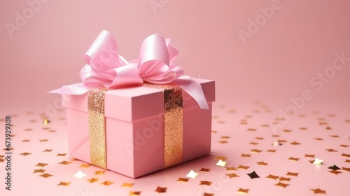 Close up. Birthday present on pink background. Celebration concept