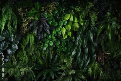 Vertical garden nature backdrop, living green wall indoors garden with various tropical rainforest foliage plants (devil's ivy, ferns, philodendron, peperomia, and inch plant) on dark, Generative AI