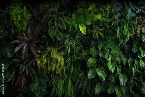 Vertical garden nature backdrop  living green wall indoors garden with various tropical rainforest foliage plants  devil s ivy  ferns  philodendron  peperomia  and inch plant  on dark  Generative AI