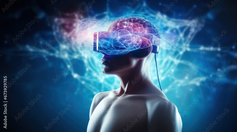 Human use VR goggles showing 3D brain for technology Human use VR goggles showing 3D brain for technology