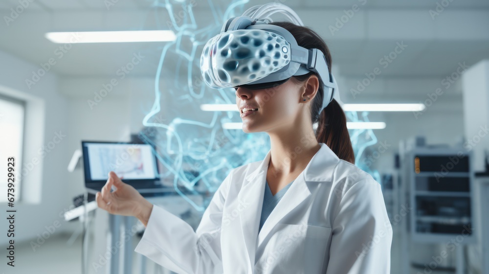 Medical researcher wearing VR goggles in laboratory to view model of the brain Medical researcher wearing VR goggles in laboratory to view model of the brain