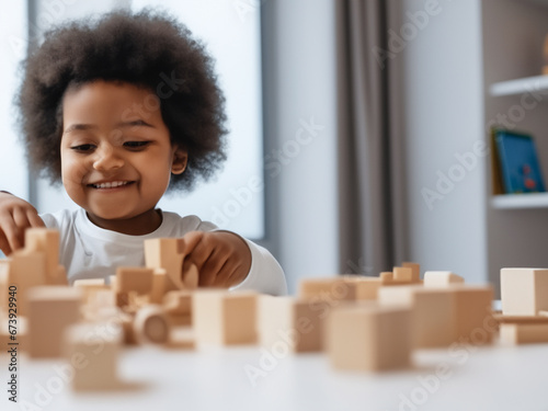 bambino sorridente che gioca con mattoncini in legno  photo