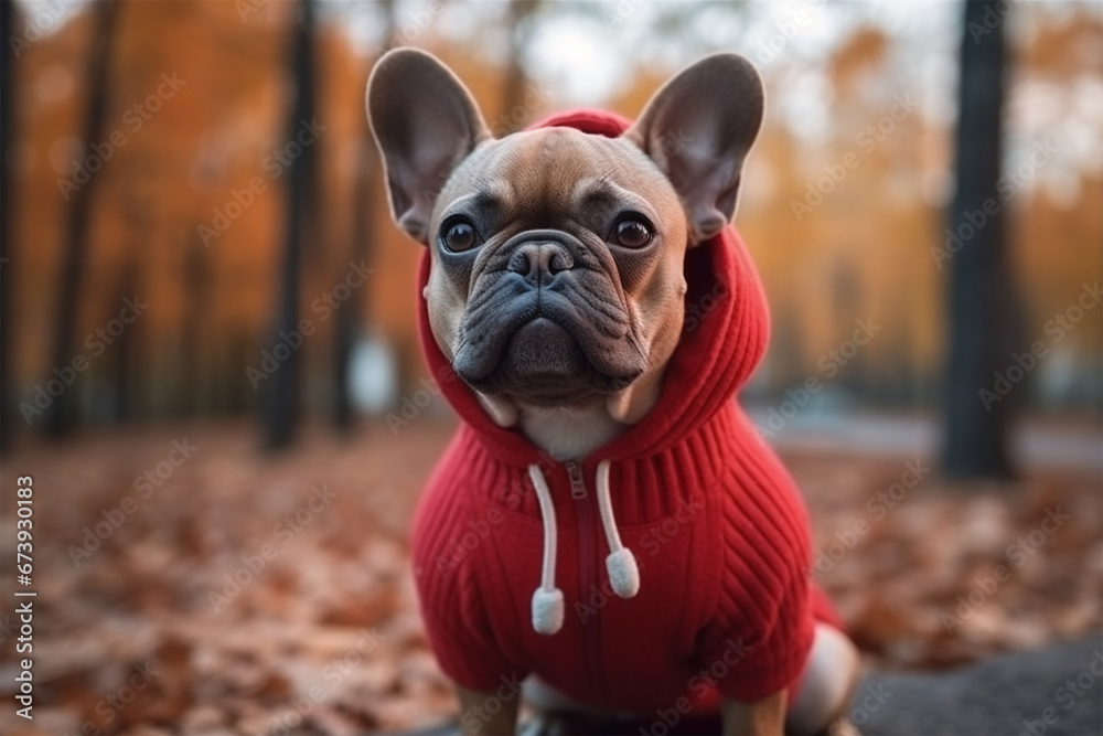 French bulldog in red hoodie
