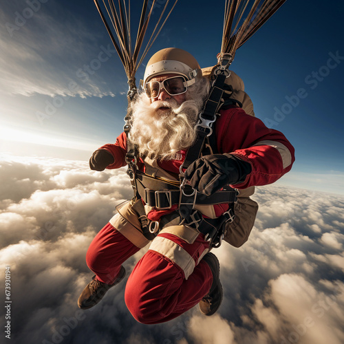 Santa Claus flying on a parachute