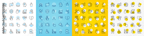 Vector icons set of Painter  Discount coupon and Wash hands line icons pack for web with Meditation eye  Broken heart  Middle finger outline icon. Teamwork question  Baby carriage. Vector