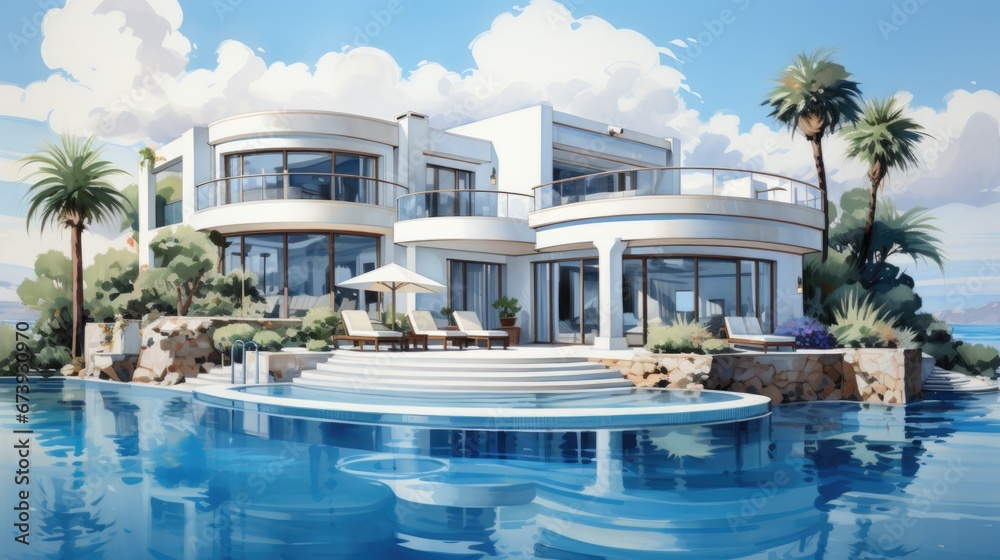 the painting of a luxury villa on a cliff near the sea, in the style of rendered
