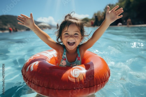 cute asian girl toddler shows a thumbs up. A happy, laughing baby is swimming in a swimming ring. Summer family vacation in a luxury hotel.Fun family tour photo