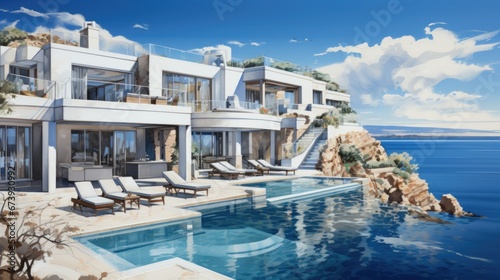 Large modern villa on a cliff with a swimming pool surrounded by the ocean, in the style of a hyperrealistic illustration © StasySin